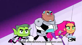 Beast Boy, Cyborg, and Starfire run through the obstacles.