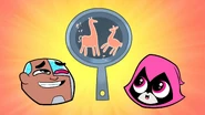 Pink Raven makes Cyborg's pancakes dance.