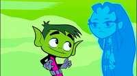 Beast Boy makes fun of Starfire for being a ghost, while he's still alive.