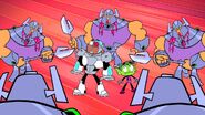 Tamaranean soldiers surrounding Beast Boy and Cyborg in the thirty-year future