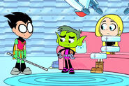 Beast Boy defends Terra from Robin and the secure panic mode from the tower.