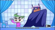 Beast Boy dressed up, imitating the Joker, with Cyborg as Batman.