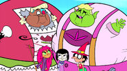 Fat Cyborg and Beast Boy with Starfire, Raven, and Robin as witches