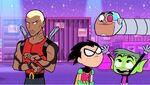 Cyborg and Beast Boy get ready to sing "I Love Pie".