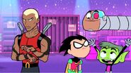 Cyborg and Beast Boy show up when Aqualad mentions pie.