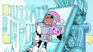 Cyborg sleeping with his teddy on the rack