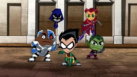 The Titans' designs in New Teen Titans shorts.