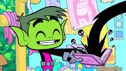 Beast Boy using the book to cast a spell to make the other Titans' really stupid.