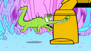 Beast Boy as an alligator bites the Guardian's leg.