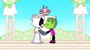 Beast Boy and Raven about to kiss on their wedding day.. until Cyborg interrupts.