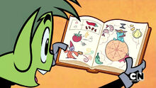 Beast Boy reads his burrito sorcery tome.