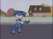 Jenny as she accidentally pushes Tuck on his skateboard too hard.