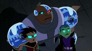 Robin, Cyborg, and Beast Boy's bodies are controlled by the Puppet King.