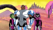 Beast Boy and Cyborg are perplexed by Happy Pink Raven.