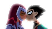 Robin and Starfire's "first" kiss in the prequel "Go!".