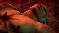 Heihachi being carried to the volcano's edge by Kazuya