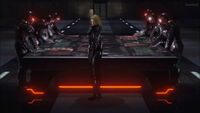 Nina Williams and Tekken Force in the Mishima Zaibatsu control room.