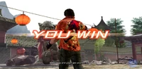The red and black bull design visible on the back of Miguel's shirt during his win pose.