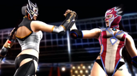 Michelle and Jaycee fighting together. Michelle is wearing a black luchadora outfit.