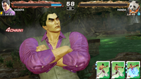 Kazuya after executing his Rage Art while having his arm crossed on his downed opponent.