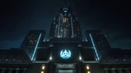 Prédio da Mishima Zaibatsu em Tekken 7.
