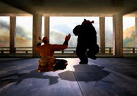 Kuma dancing with Heihachi clapping, as seen in Kuma's ending