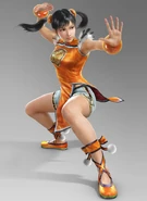 Arte generado por computadora de la postura de lucha de Ling Xiaoyu en Tekken: Blood Vengeance.
