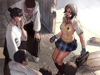 The attacked dojo, its students, and Asuka, possibly with Mr. Kazama in the top left.