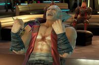 Heihachi performing one of the generic Tekken Bowl-exclusive celebratory poses.