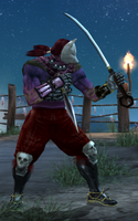 Yoshimitsu's Kunimitsu customization items in Dark Resurrection, in-game angle.