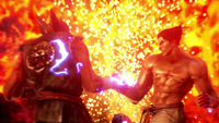 Kazuya and Heihachi's fists clash.