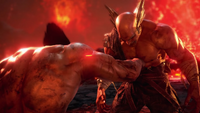 Kazuya lands a punch, thinking he has finally defeated Heihachi.