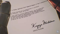 Jack-7 receiving a personal letter from Kazuya confirming it is the superior weapon of G Corporation, in its ending.[1]