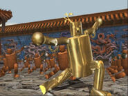 A golden version of Tetsujin practicing martial arts with his Mokujin disciples in his ending