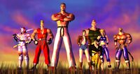 Yoshimitsu, Paul, Kazuya, Michelle, Jack, Marshall, Nina, & King standing on a field amidst sunset