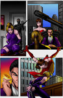 Nina Williams is handcuffed in front of Kazuya and Anna Williams. Anna and Nina engage in battle. (unpublished comic strip)