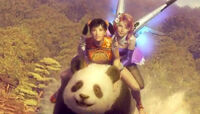 Xiaoyu and Alisa riding on Panda in order to flee from Anna and her soldiers.