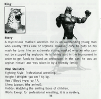 King's official art and biography in the Tekken 1 English Playstation Manual.