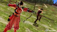 Asuka using her Sacred Bow item move while Hwoarang uses his Baseball Bat item move.