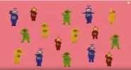 Each Teletubby will appear, except this time they say 'Bye-Bye' and disappear. The background changes colours and the 4 sets of Teletubbies appear and say 'Bye-Bye' together. Then they all start to disappear one by one in the reverse order. The background changes colour and all the Teletubbies appear one last time and say 'Bye-Bye' before disappearing. Then the credits appear.