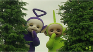 Tinky Winky and Dipsy behind a Twin Trees