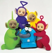 The four Teletubbies with Noo-Noo.