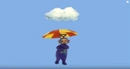 Tinky-Winky hiding underneath the umbrella to keep himself from the rain