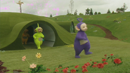 The Teletubbies run out of the house while the windmill spins