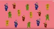 The background changes colours and the Teletubbies begin to appear one by one until 4 sets of Teletubbies have appeared. Then they all say 'Eh-Oh' together and disappear.
