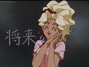 Mihoshi teaches her students in front of a chalk blackboard.