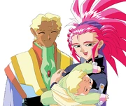 Mikamo, with Washu, holding the baby Mikumo.