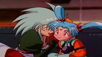 Ryoko whispers the name of the egg's "father" to Sasami