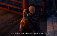 Rikimaru, head of the Azuma Clan, interrogates a Gohda Castle guard.