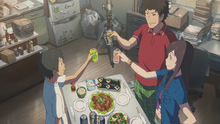 Natsumi, Keisuke and Hodaka make a toast